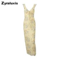 Summer New Women's Sexy Low-Cut Girl Vacation Retro Printed Slim Tie-Back Dress S geltona
