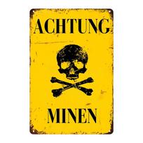 Aukštos raiškos skardos metalinis ženklas Sienos menas  ACHTUNG MINEN Įspėjimas Kaukolė ir kryžmai Vintažinis pramoninis metalinis skardos ženklas Autentiškas 20x30cm（7.8x11.8inch）