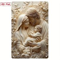 D Metalinis ženklas Religinis aliuminio sienos menas Šventoji šeima Marija Juozapas Jėzus Gimimo scena Išgręžtos skylės kabinimui namams bažnyčiai Ch 20x30cm（7.8x11.8inch） brown