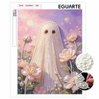 Frameless Pearl Bead Painting Kit Cute Ghost and Floral Design DIY Handmade Craft Canvas for Aesthetic Home Wall Decor Art 30x40cm