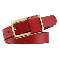 Solid Color Genuine Leather Belt Metal Buckle Women Waistband Adjustable Thin Waist Belt  Party raudona