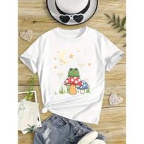 Kids Cartoon Frog Watching Moon Graphic Crewneck Short Sleeve T-Shirt 110 balta