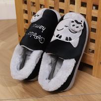 New Korean Version Cute Maneki Neko Slippers for Autumn and Winter, Warm Cotton Shoes, Adult Couple Cotton Slippers 36-37 juoda