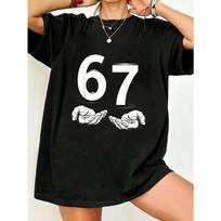 Per dydžio T-shirt Juoda su 67 numeriu Ir rankų spauda Laisvalaikio drabužis Moterims Streetwear Mada Vasaros apranga S juoda