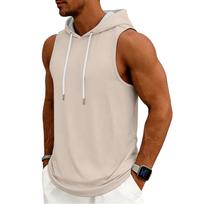 Men's Tank Top Gym Sleeveless Hoodie Shirt Washed Sports Muscle Shirts Fitness Vest With Hood XL smėlis