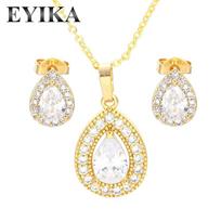 Luxurious Shiny Geometry Water Drop Pendant Adjustable Chain Necklace and Stud Earrings Zircon Jewelry Set for Women Girl