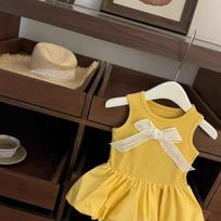 Summer Girls Goose Yellow Ice Silk Ribbed Tutu Dress Sweet Bud Princess Sleeveless Party Dress For Kids 90cm