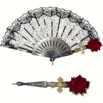 Vintage Spanish Flamenco Folding Fan Rose Lace Hand Fan Elegant Black Decorative Fan for Wedding Party Stage Performance Costume Accessory juoda