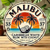 D Flat Vintage Malibu Caribbean White Rum with Coconut Palm Tree Sunset Retro Round Metal Tin Sign  Tropical Rum Themed Wall 20x20cm(8x8inch)