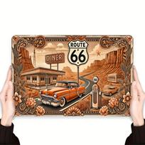 Vintažinis Retro Amerikana Maršrutas Klasikinis Automobilis Kavinė ir Degalinė Vakarų Dykumos Peizažas Su Puošniu Gėlių Kraštinės Kūrinys HD 20x30cm（7.8x11.8inch）