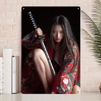 HD Tin Sign Japanese Samurai Girl Katana Kimono Vintage Metal Wall Art Decor for Home Bar Man Cave 20x30cm（7.8x11.8inch）
