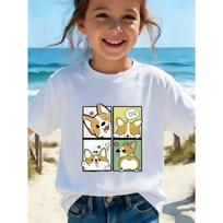 European sizes Girls' 4-Panel Cute Corgi Print Short Sleeve T-Shirt - Casual Round Neck Regular Fit, Soft Cute Multiple Expression 110 balta