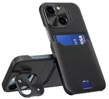 HURTEL iLike Apple iPhone 14 Odlinis Dėklas su Stovu ir Kortelių Laikikliu Juodas