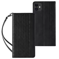 Hurtel Magnet Strap Case for iPhone 13 Mini - Wallet Cover with Mini Lanyard Pendant - Black