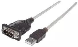Manhattan USB-A į Serial keitiklio kabelis, 1,8 m, Vyriškas į Vyrišką, Serial/RS232/COM/DB9, Prolific PL-2303RA lustas, Juodas/Sidabrinis kabelis, Trejų metų garantija