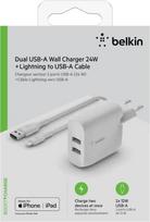 Sieninis įkroviklis + MFI patvirtintas Lightning kabelis Belkin WCD001VF1MWH Balta 24 W