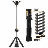 JCB Tri-Fold Konnect bokštinis LED darbinis šviestuvas statybvietėms 8400lm 3 galvos 360° 18V arba 110/240V 2.4m stovas IP54 JCB-SL-TRI-FOLD
