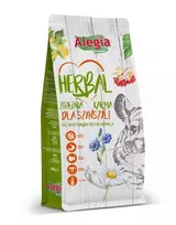 Sausas ėdalas Alegia Herbal šinšiloms 600 g — pilnavertis suaugusių šinšilų maistas be grūdų ir glitimo, vaisių skonio