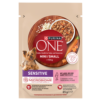 PURINA ONE Sensitive Mini/Small Suaugusių šunų ėdalas su lašiša, ryžiais ir morkomis padaže, 85 g