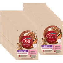 PURINA ONE Sensitive Mini/Small Suaugusių šunų ėdalas su lašiša, ryžiais ir morkomis padaže, 26x85 g