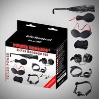 Power Escorts Bondage rinkinys 8 vnt juodas rankogaliai / apykaklė / kaukė / whipp / spaustukai / virvė ir kt