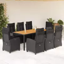 9 dalių sodo baldų komplektas su pagalvėlėmis, juodas, PE rotangas (3212670 VidaXL)