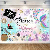 One gender-revealing background fabric featuring mermaid and pirate themes  with ocean-themed decorations for a party setting 47.2x31.5inch/120*80cm
