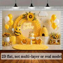 2D Bumblebee and Honeycomb Themed Birthday Backdrop Photo Background Banner 47.2x31.5inch/120*80cm