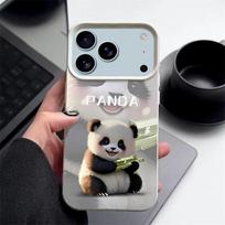 Lovely Baby Panda Pattern Case For iPhone 17 Pro Max Funda iPhone 16 Pro Max 15 14 13 12 11 Air 16E Leather Texture Silicone Cover iPhone 11 smėlis