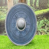 Viking Blue Wooden Shield with Norse Rune Symbols Round Shield 60.96 cm Nordic Wall Decor, LARP Cosplay Prop, Medieval Warrior Gift