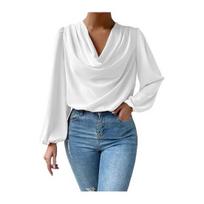 Yousheng Chiffon Women Shirt Draping Piled Collar Lantern Sleeves Pullover Tops Solid Color Loose Fit Commuting Top Daily Wear XL balta