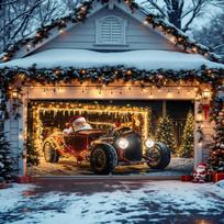 Santa Claus antique car Christmas garage door banner - Polyester holiday wall decoration, for winter and New Year celebrations 47.2x31.5inch/120*80cm