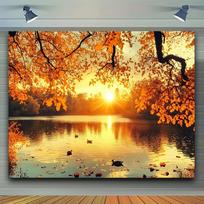 1 autumn background cloth with fallen leaves and a sunset over the lake - polyester, suitable for Thanksgiving 47.2x31.5inch/120*80cm