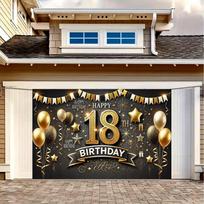 A luxurious 18th birthday party banner in gold and black, made of colorful polyester fabric, with balloons attached. 47.2x31.5inch/120*80cm