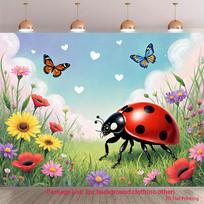 2D plane super cute red-faced ladybug with lush grassland banner background suitable for party decoration polyester fiber 47.2x31.5inch/120*80cm