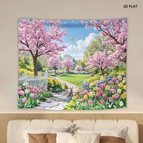 2D plane 1 cherry tree bright flowers sunny garden stone path butterflies. Suitable for living room of the room. 47.2x31.5inch/120*80cm