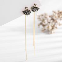 Quality Two Tassel Swan Earrings, New Trendy Black Swan Earrings, 925 Silver Needle Long Earrings black