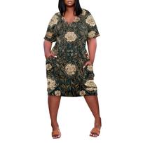 Summer Plus Size V Neck Short Sleeve Knee Pocket  Print Casual Dress For Women L žalia
