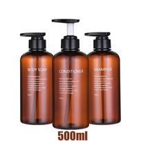 3 vnt. 500 ml daugkartinio naudojimo šampūno dozatorių buteliukai PET kondicionieriaus ir kūno prausimosi buteliukas su spausdintomis raidėmis Vonios muilo siurblio buteliukas ruda