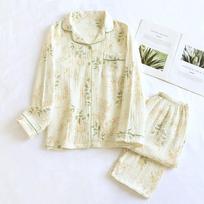 Sweet Forest Style Women's Cotton Pajamas - Double Crepe Long-Sleeve Tops and Pants for Spring & Autumn. long suit, XXL beige