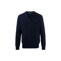Polo Ralph Lauren FW21 V formos iškirptė Logotipo raštas Vienspalvis megztinis ilgomis rankovėmis Vyriškas megztinis Tamsiai mėlynas 710667377-002 S