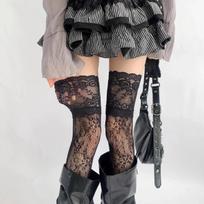 Y2k New Women Flower Lace Fishnet Thigh High Stockings Japanese Style JK Girl Sweet Lace Trim Frilly Over Knee Long Socks One Size gray