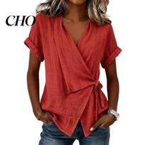 Casual Tops Women V Neck Short Sleeve Pure Color Shirt with Side Tie Blouse Irregular Loose Fit Tee Summer Daily Wear V-neck XXL raudona