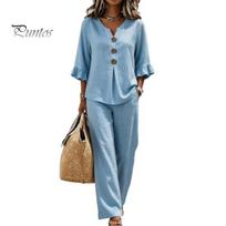 Wide Leg Pants for Women Summer 2 Piece Sets Women, Casual Ruffle 3/4 Sleeve Buttons V Elastic Waist Neck Top And Matching Set, Loose Vacation Lounge XL šviesiai mėlyna spalva