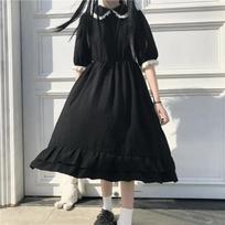 Jūreivio apykaklės tamsiai mėlyna suknelė Lolita, miela lanko mazgai, retro stiliaus, mergaičių, nėrinių rankogaliai Vienspalvė suknelė iki blauzdos vidurio XXXXL juoda