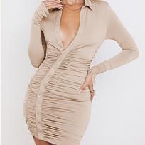 Women V-neck Single-breasted Slim Pleated Dress S abrikosas
