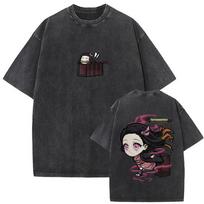 Demon Slayer Nezuko Kamado Chibi Vintažiniai skalbti dvipusis grafinis marškinėlis, Oversized Anime gatvės stiliaus marškinėlis, Unisex laisvalaikio viršus L