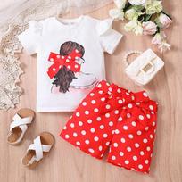 Children's Clothing Girls Summer Shorts Set Children Baby Summer Short-sleeved Printed Top Casual Sports Two-piece Set Thin 100cm raudona