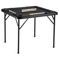 Mahjong Table, Square 4 Player Folding Card Table with 4 Cup Holders & 4 Chip Trays, Portable Domino Game Table with 1 Set of Dominoes for Mahjong