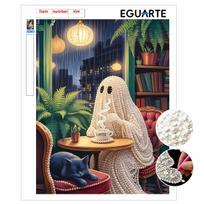 DIY Pearl Bead Art Canvas Latte Drinking Cute Cat Pattern Frameless 3D Painting Kit for Bedroom Living Room Wall Decor 30x40cm